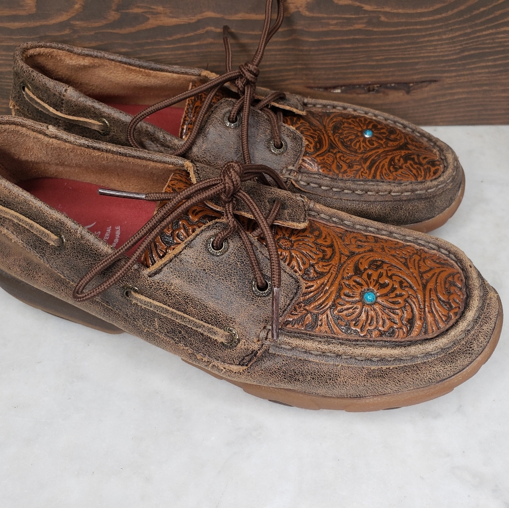 Twisted x driving moc shoes tooled floral leather turquoise stone size 9 M - Picture 3 of 10